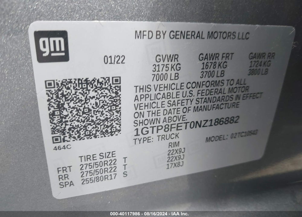 2022 GMC SIERRA 1500 LIMITED 2WD SHORT BOX DENALI VIN: 1GTP8FET0NZ186882