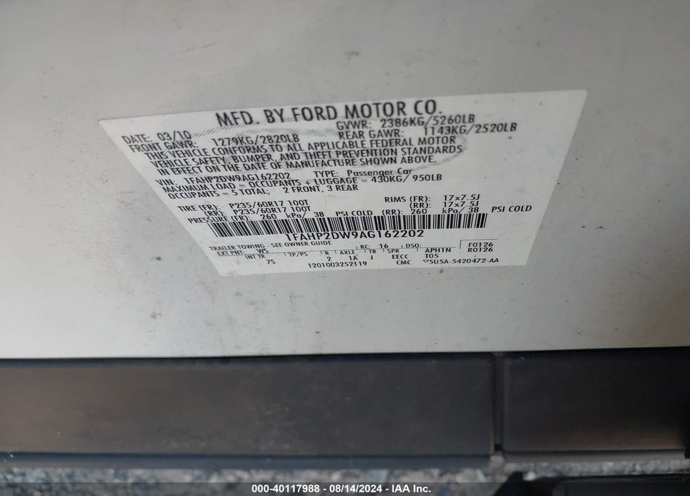 2010 FORD TAURUS SE VIN: 1FAHP2DW9AG162202