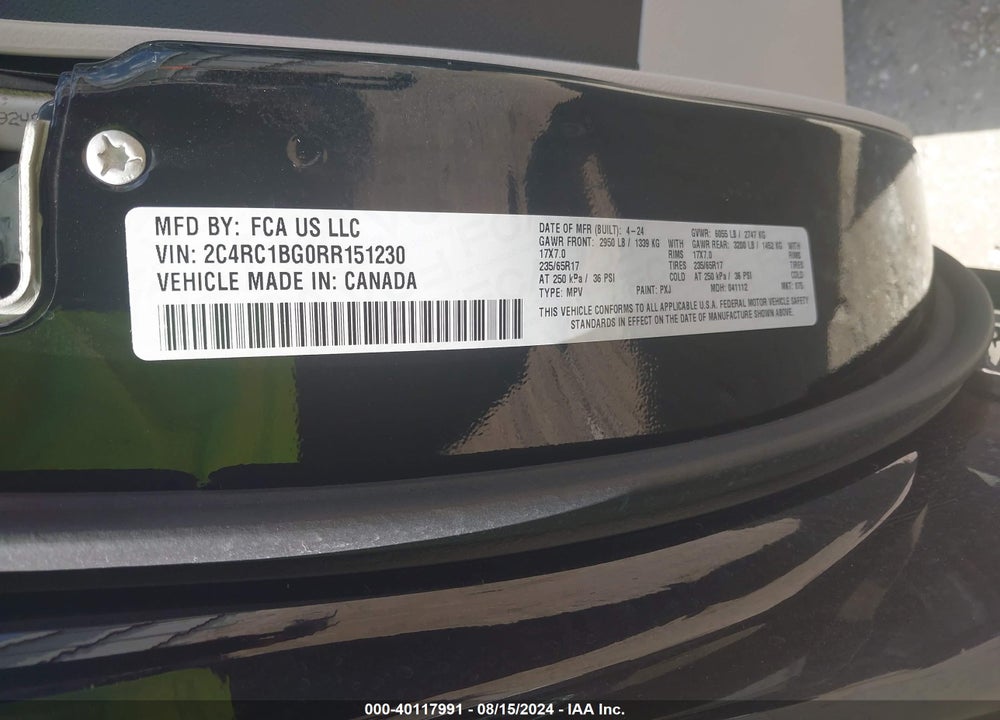 2024 CHRYSLER PACIFICA TOURING L VIN: 2C4RC1BG0RR151230