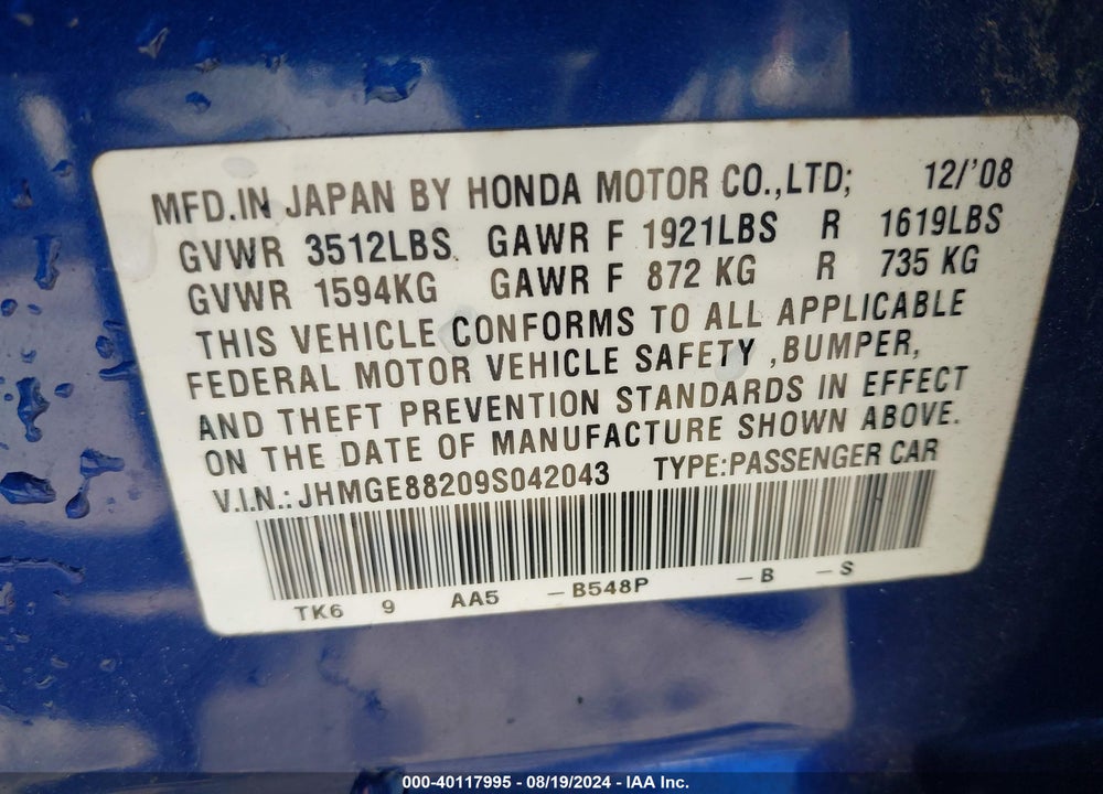2009 HONDA FIT VIN: JHMGE88209S042043