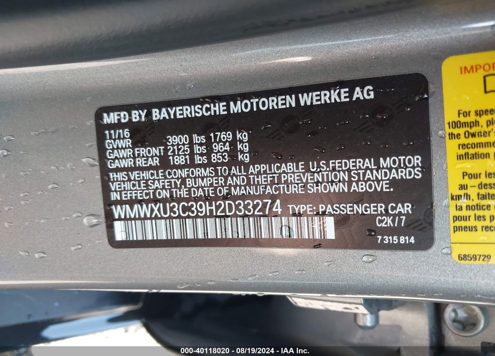 2017 MINI HARDTOP COOPER S VIN: WMWXU3C39H2D33274