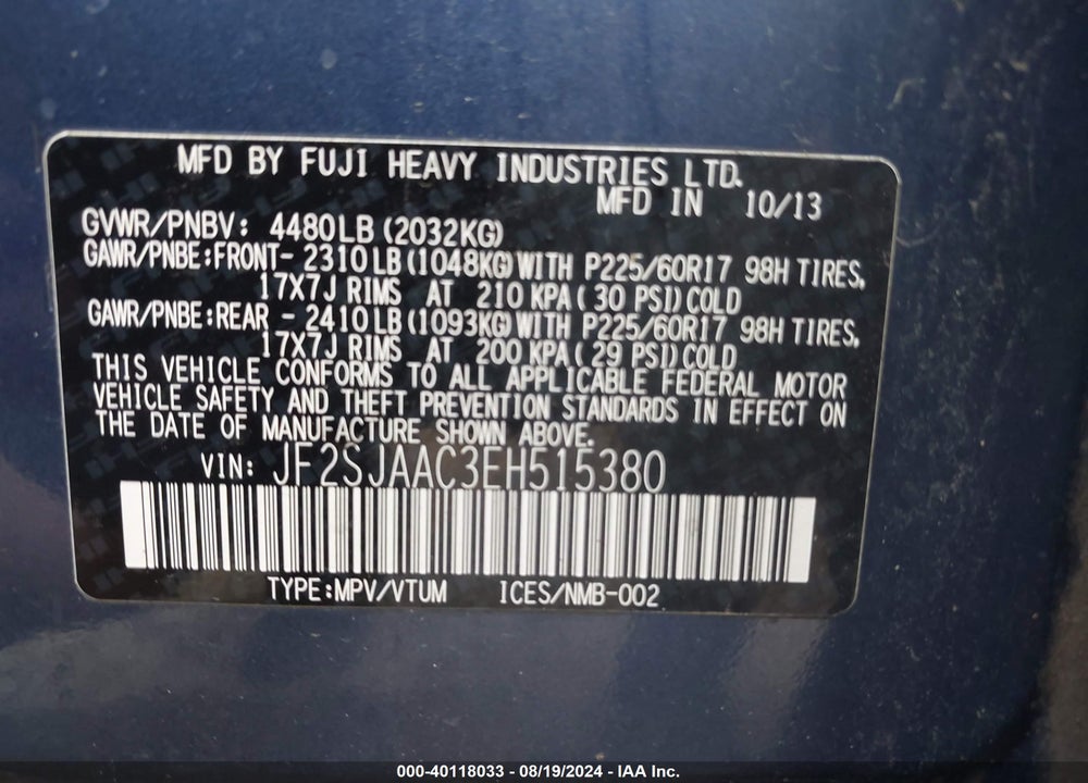 2014 SUBARU FORESTER 2.5I VIN: JF2SJAAC3EH515380