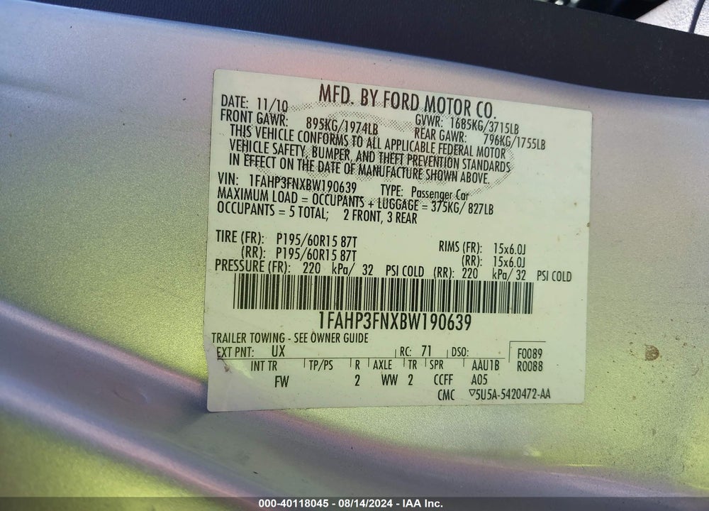 2011 FORD FOCUS SE VIN: 1FAHP3FNXBW190639