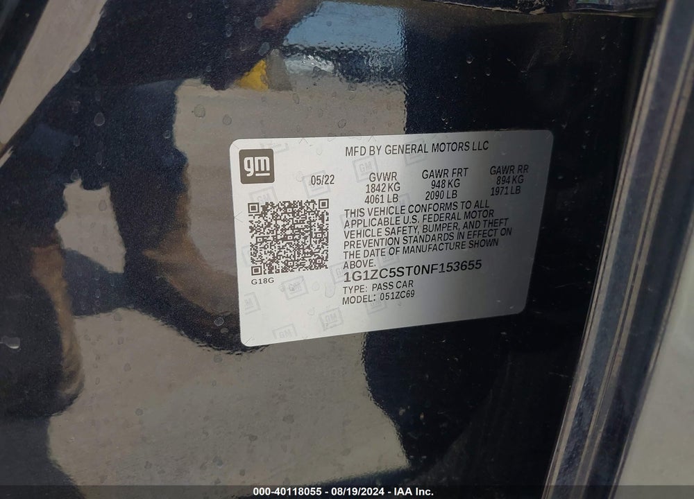 2022 CHEVROLET MALIBU FWD 1FL VIN: 1G1ZC5ST0NF153655
