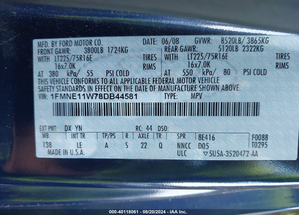 2008 FORD E-150 XL/XLT VIN: 1FMNE11W78DB44581