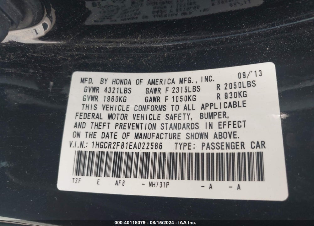2014 HONDA ACCORD EX-L VIN: 1HGCR2F81EA022586