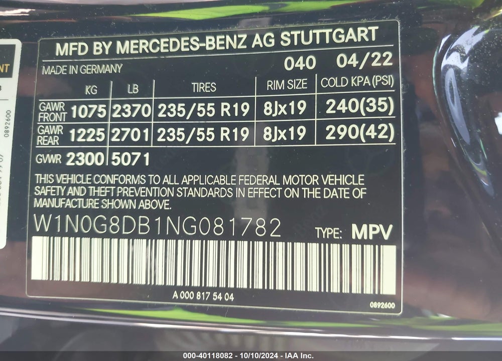 2022 MERCEDES-BENZ GLC 300 SUV VIN: W1N0G8DB1NG081782
