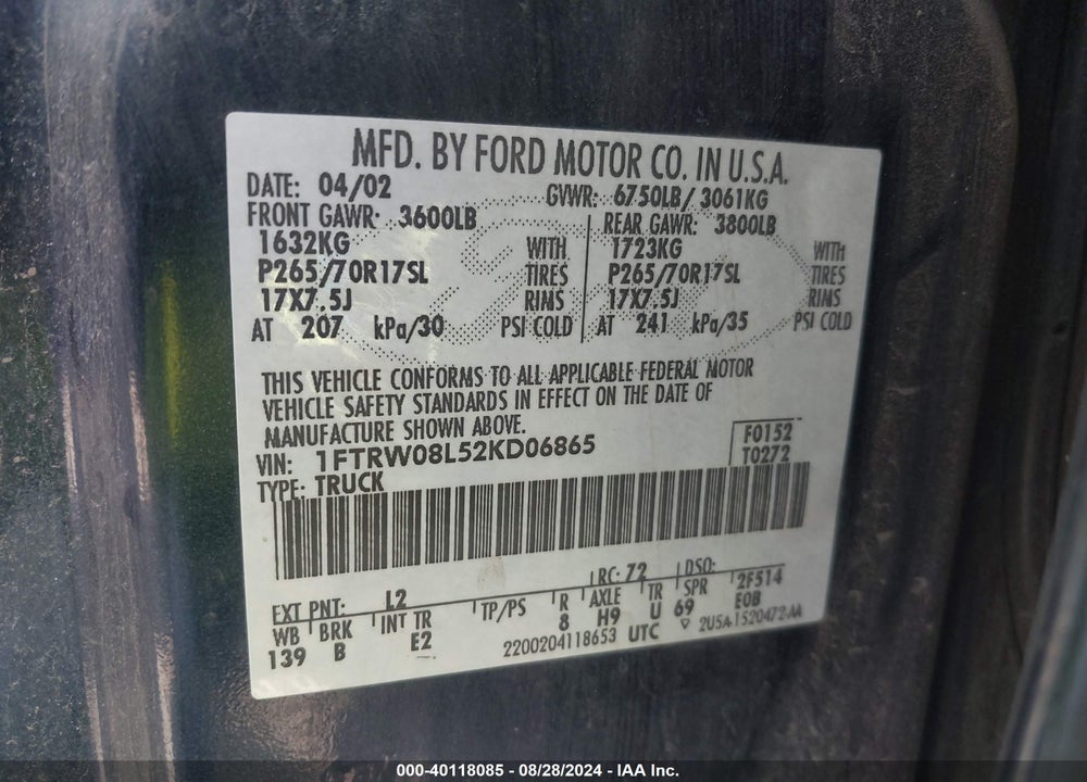 2002 FORD F-150 LARIAT/XLT VIN: 1FTRW08L52KD06865