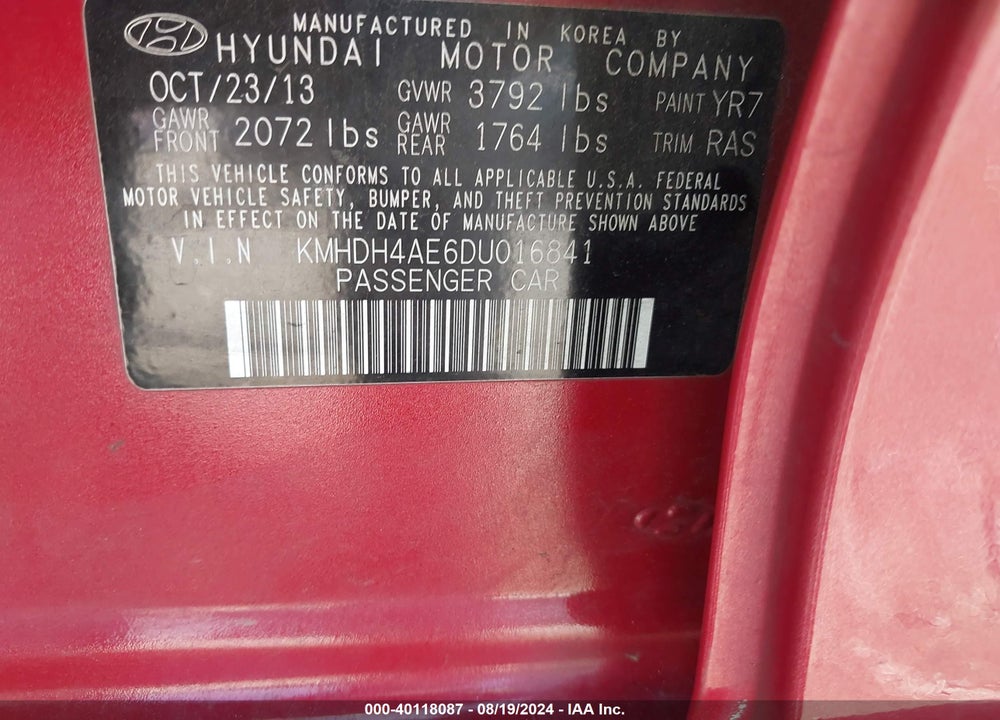 2013 HYUNDAI ELANTRA GLS VIN: KMHDH4AE6DU016841