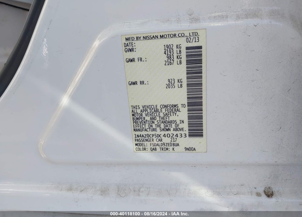 2013 NISSAN LEAF SV VIN: 1N4AZ0CP5DC402433