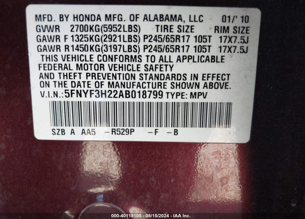 2010 HONDA PILOT LX VIN: 5FNYF3H22AB018799