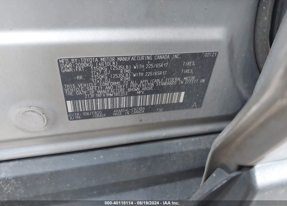 2021 TOYOTA RAV4 LE VIN: 2T3F1RFV1MW185353