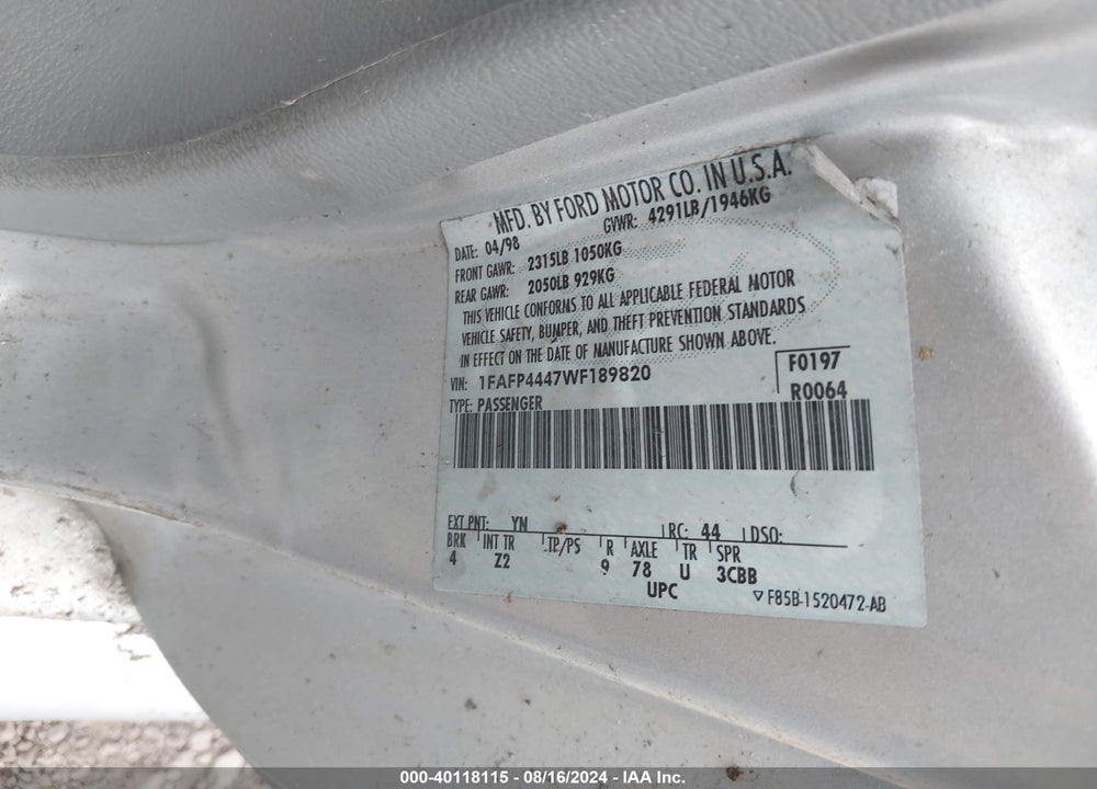 1998 FORD MUSTANG VIN: 1FAFP4447WF189820