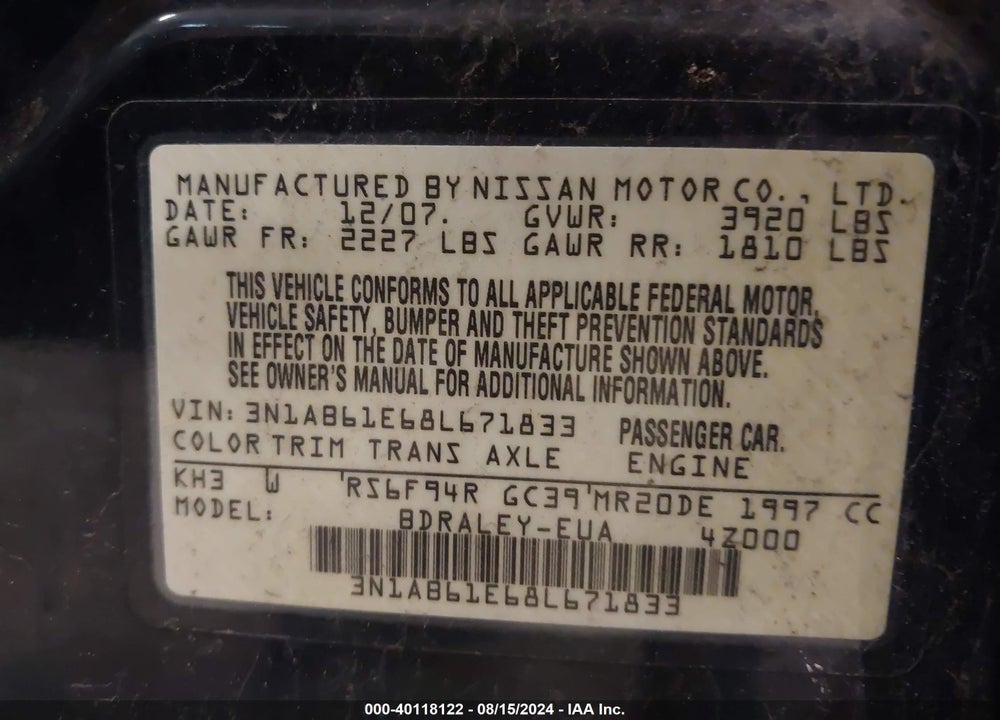 2008 NISSAN SENTRA 2.0S VIN: 3N1AB61E68L671833