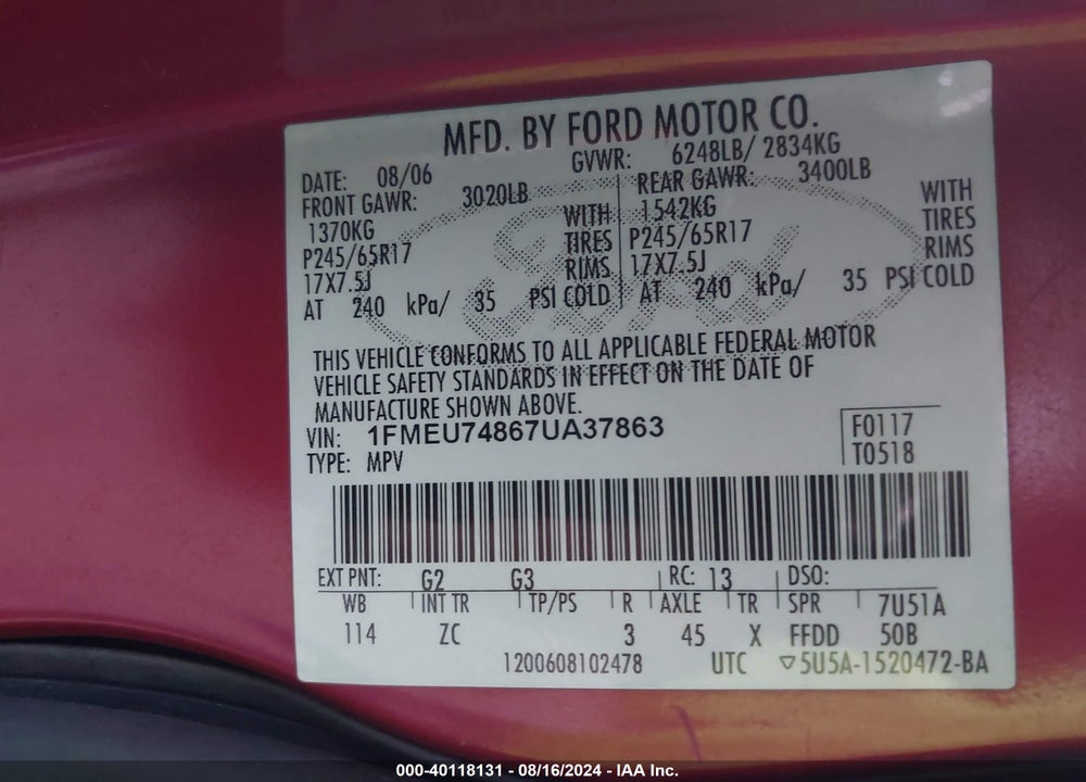 2007 FORD EXPLORER EDDIE BAUER VIN: 1FMEU74867UA37863