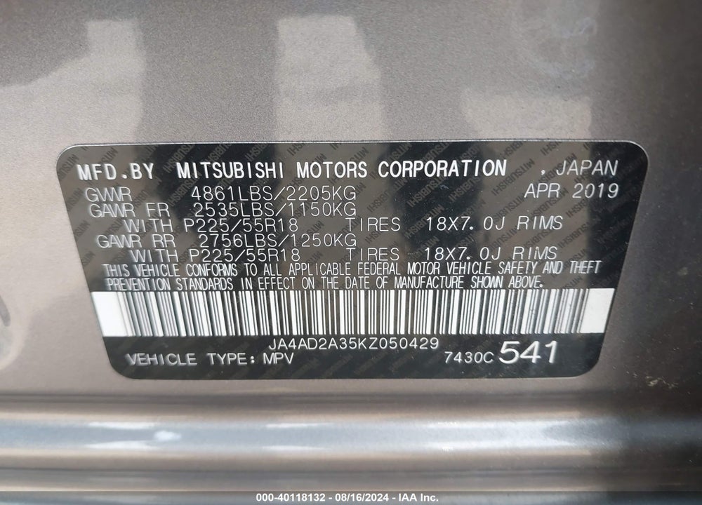 2019 MITSUBISHI OUTLANDER ES VIN: JA4AD2A35KZ050429