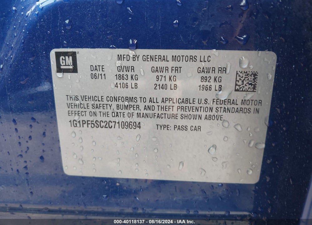 2012 CHEVROLET CRUZE 1LT VIN: 1G1PF5SC2C7109694