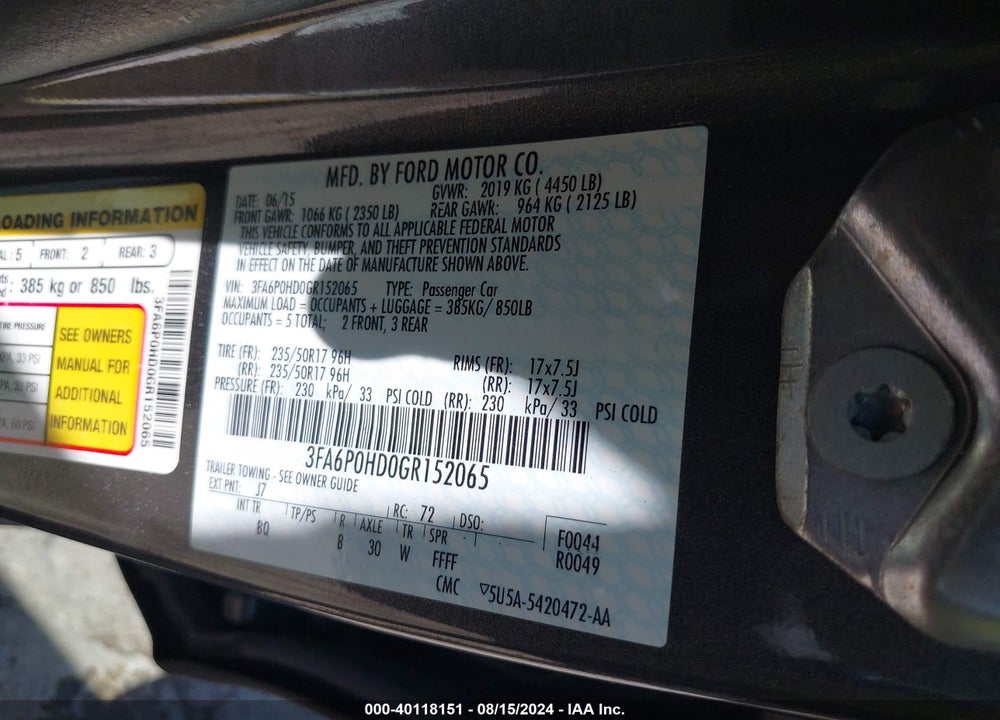 2016 FORD FUSION SE VIN: 3FA6P0HD0GR152065