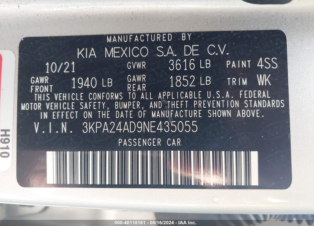 2022 KIA RIO S VIN: 3KPA24AD9NE435055