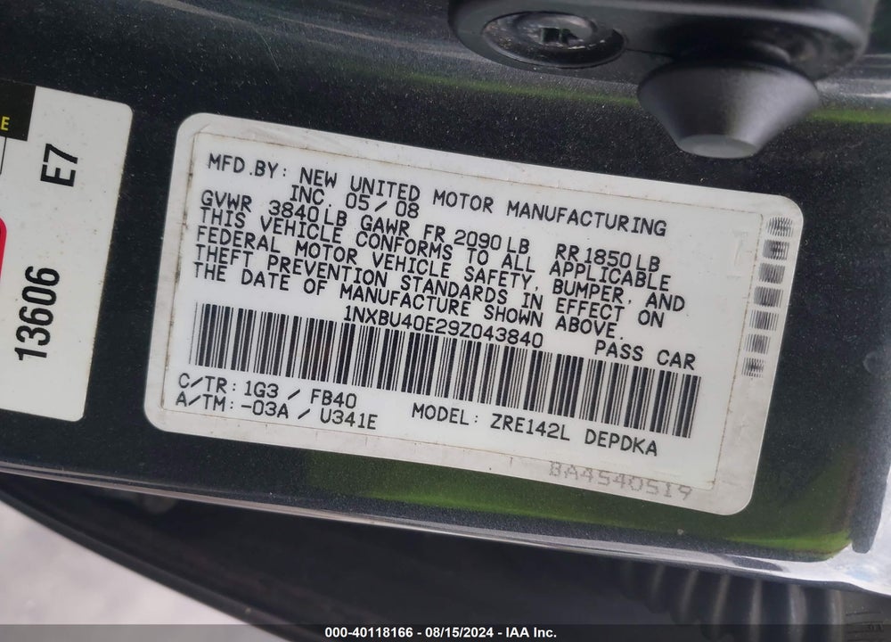 2009 TOYOTA COROLLA LE VIN: 1NXBU40E29Z043840
