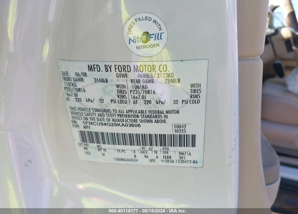 2009 FORD ESCAPE VIN: 1FMCU94G29KA03606