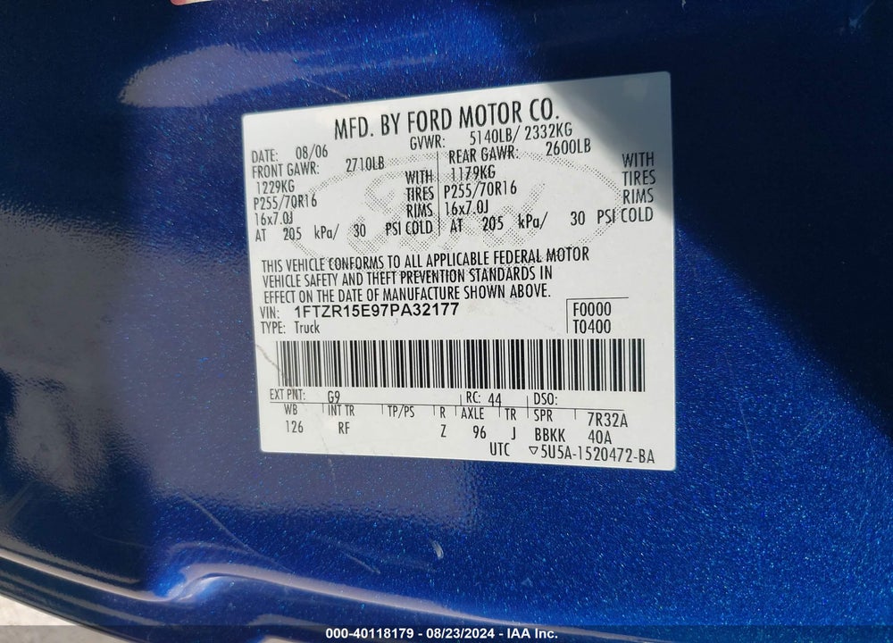 2007 RANGER FORD  FX4 OFF-ROAD/SPORT/XL/XLT VIN: 1FTZR15E97PA32177