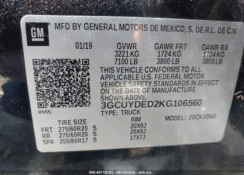 2019 CHEVROLET SILVERADO 1500 LT VIN: 3GCUYDED2KG106560