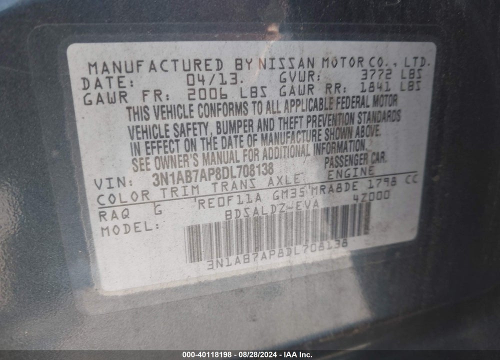 2013 NISSAN SENTRA SV VIN: 3N1AB7AP8DL708138