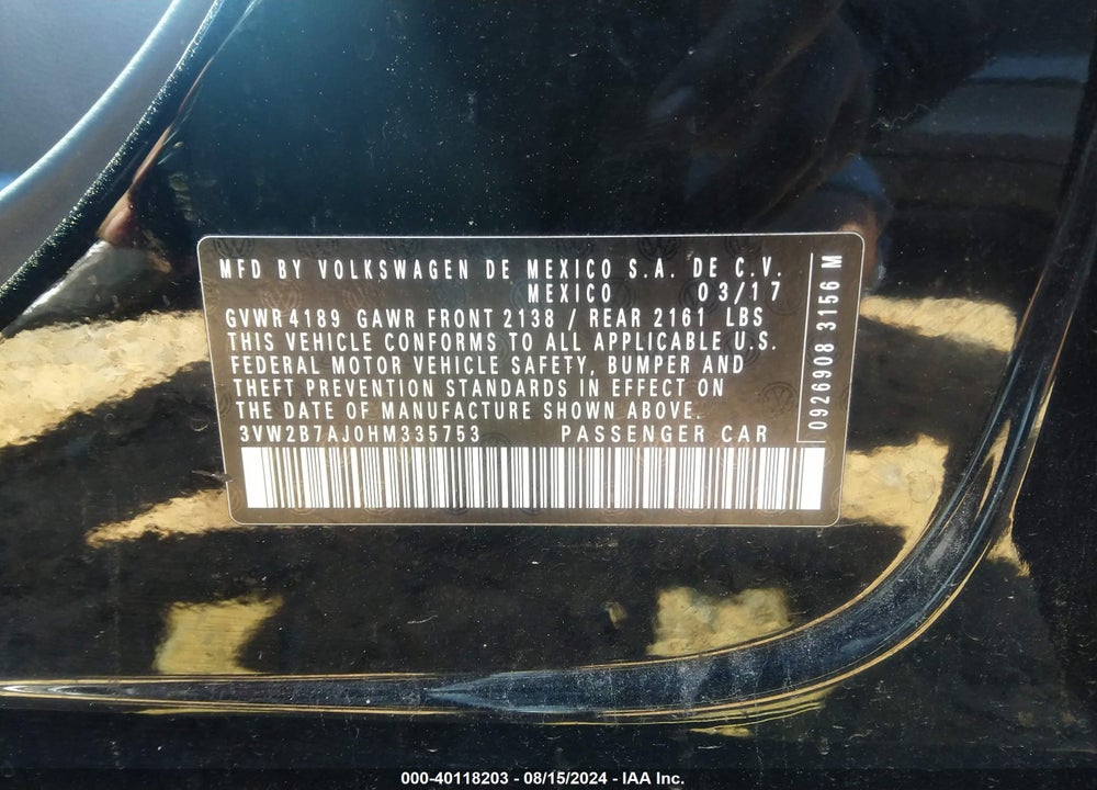 2017 VOLKSWAGEN JETTA 1.4T S VIN: 3VW2B7AJ0HM335753