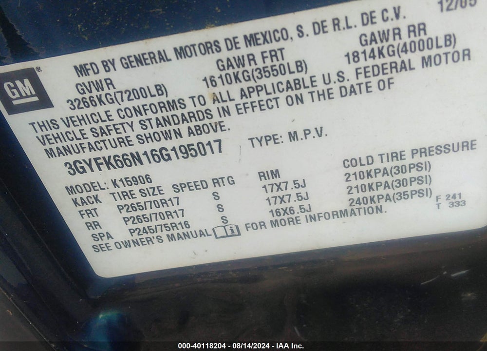 2006 CADILLAC ESCALADE ESV STANDARD VIN: 3GYFK66N16G195017