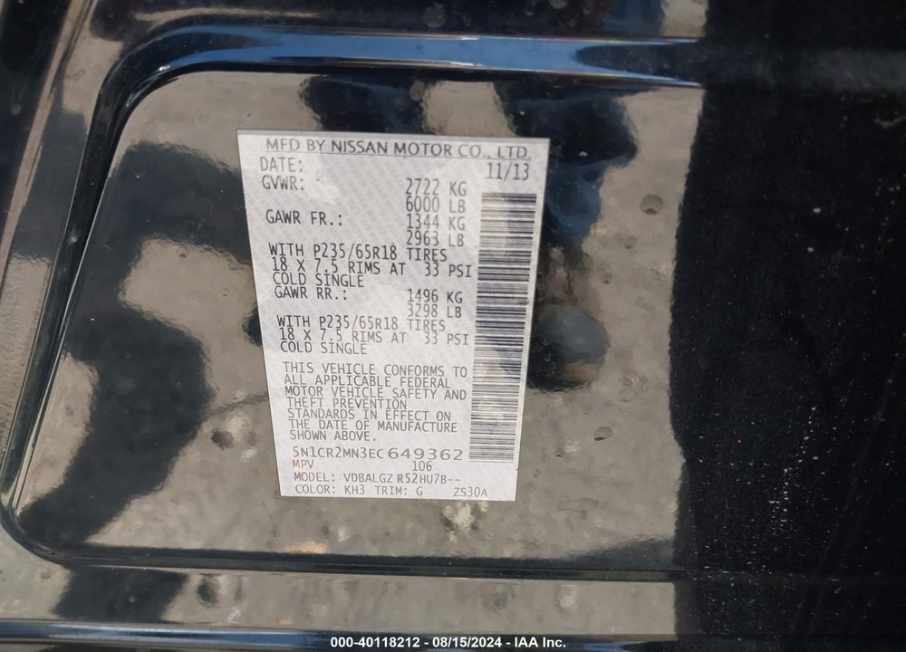 2014 NISSAN PATHFINDER HYBRID SL VIN: 5N1CR2MN3EC649362
