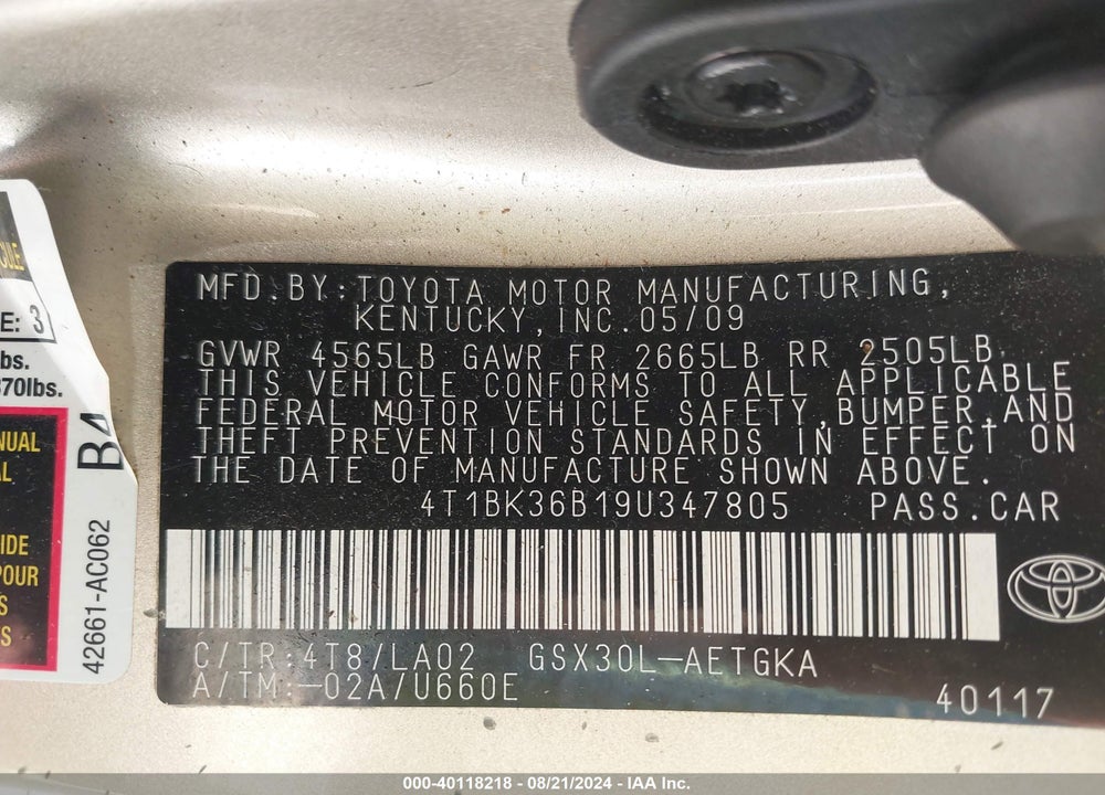 2009 TOYOTA AVALON XLS VIN: 4T1BK36B19U347805