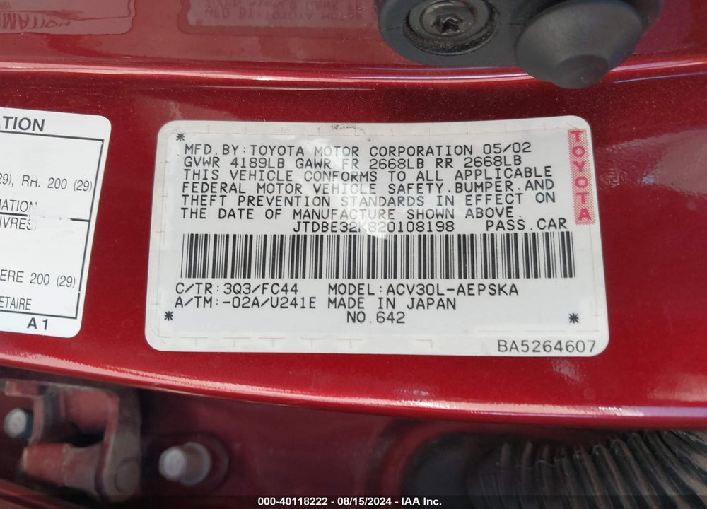 2002 TOYOTA CAMRY SE VIN: JTDBE32K820108198