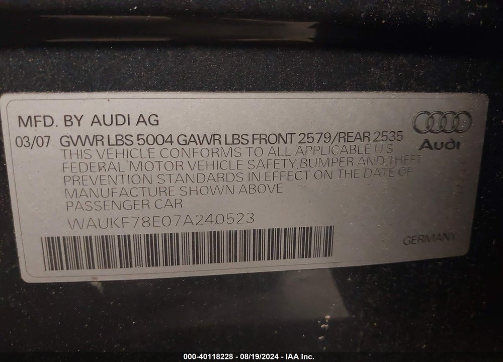 2007 AUDI A4 2.0T AVANT VIN: WAUKF78E07A240523