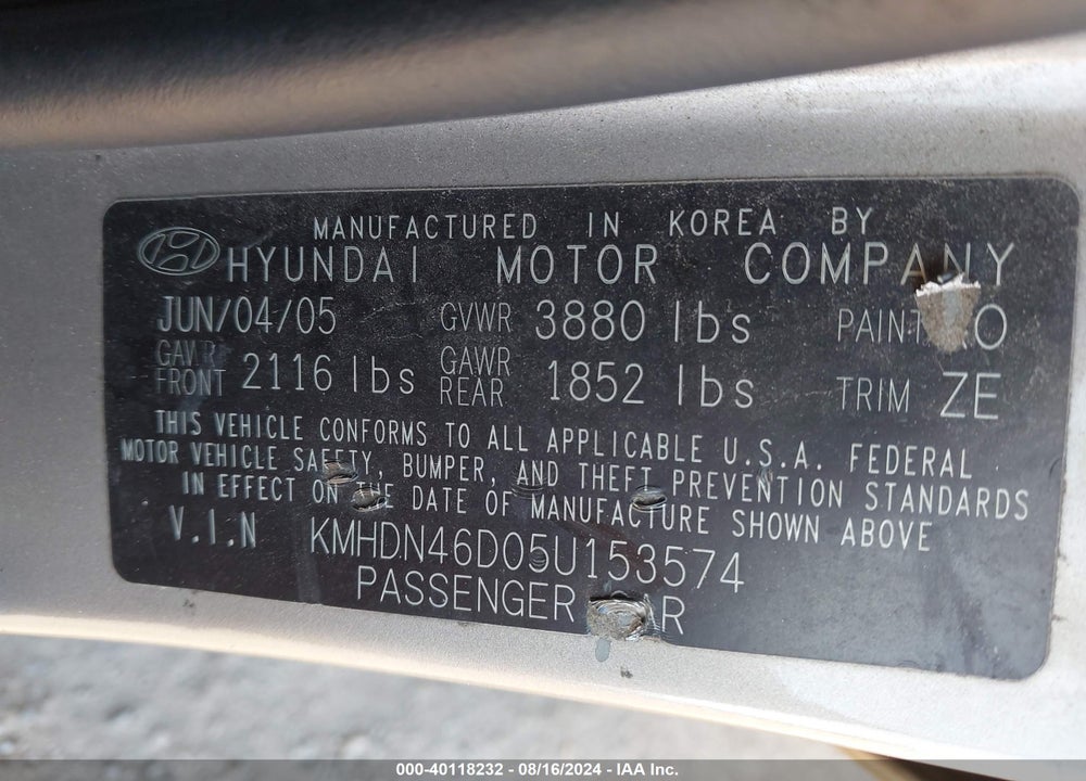 2005 HYUNDAI ELANTRA GLS/GT VIN: KMHDN46D05U153574