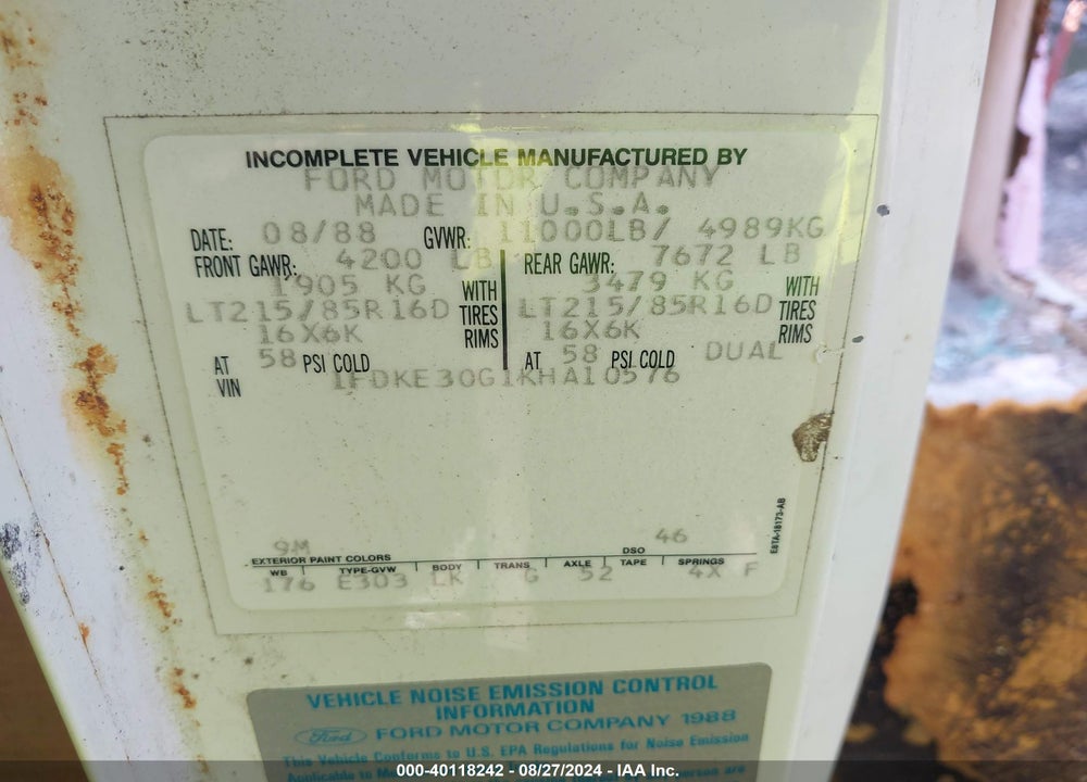 1989 FORD ECONOLINE E350 CUTAWAY VAN VIN: 1FDKE30G1KHA10576