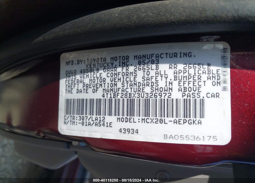 2003 TOYOTA AVALON XLS VIN: 4T1BF28BX3U326972