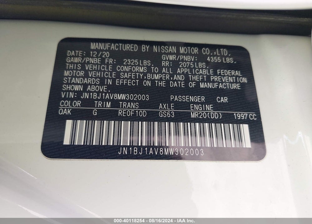 2021 NISSAN ROGUE SPORT S FWD XTRONIC CVT VIN: JN1BJ1AV8MW302003