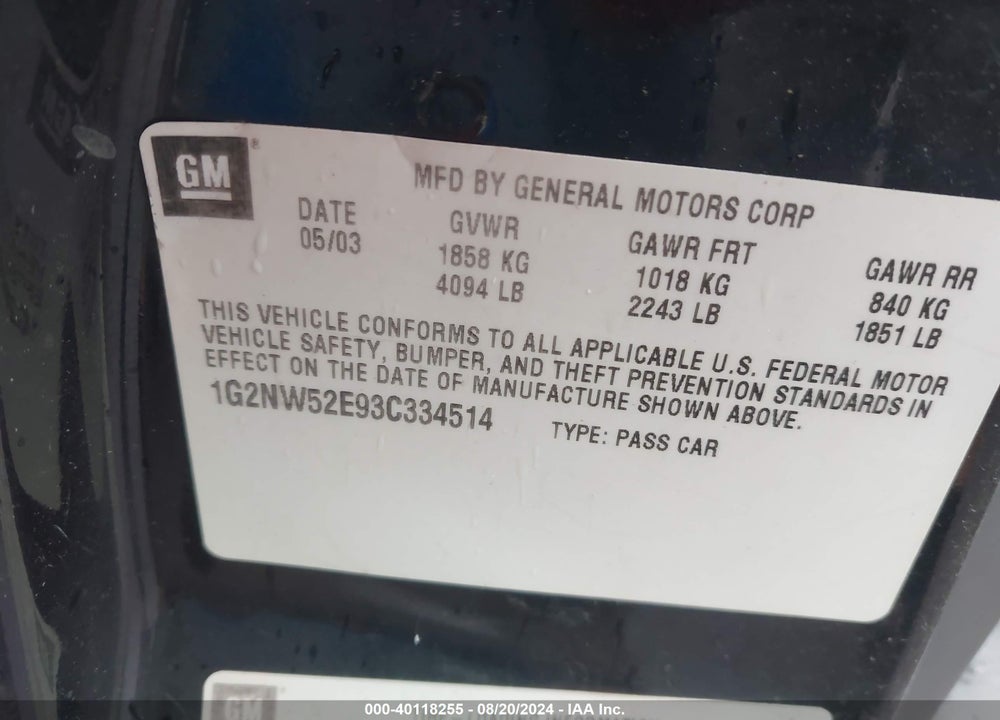 2003 PONTIAC GRAND AM GT VIN: 1G2NW52E93C334514