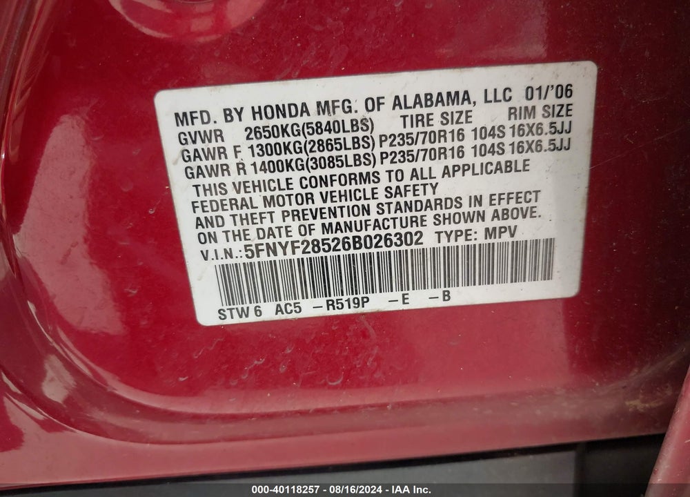 2006 HONDA PILOT EX-L VIN: 5FNYF28526B026302