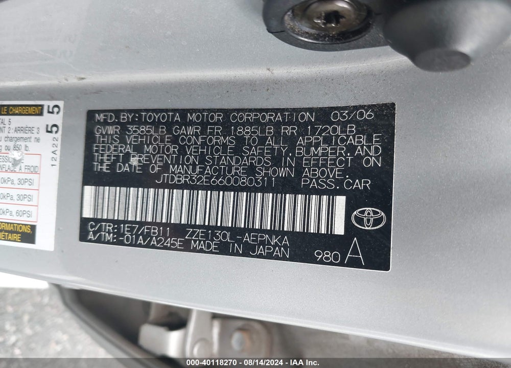 2006 TOYOTA COROLLA LE VIN: JTDBR32E660080311