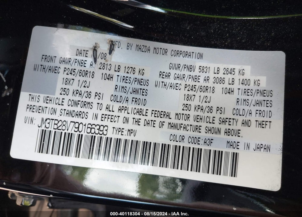 2009 MAZDA CX-9 VIN: JM3TB28V790166393