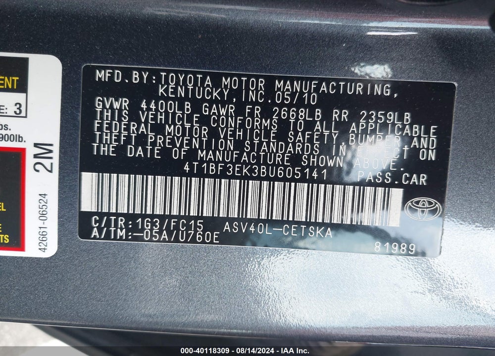 2011 TOYOTA CAMRY SE VIN: 4T1BF3EK3BU605141