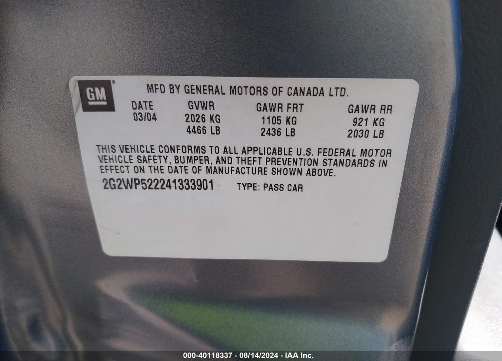 2004 PONTIAC GRAND PRIX GT1 VIN: 2G2WP522241333901