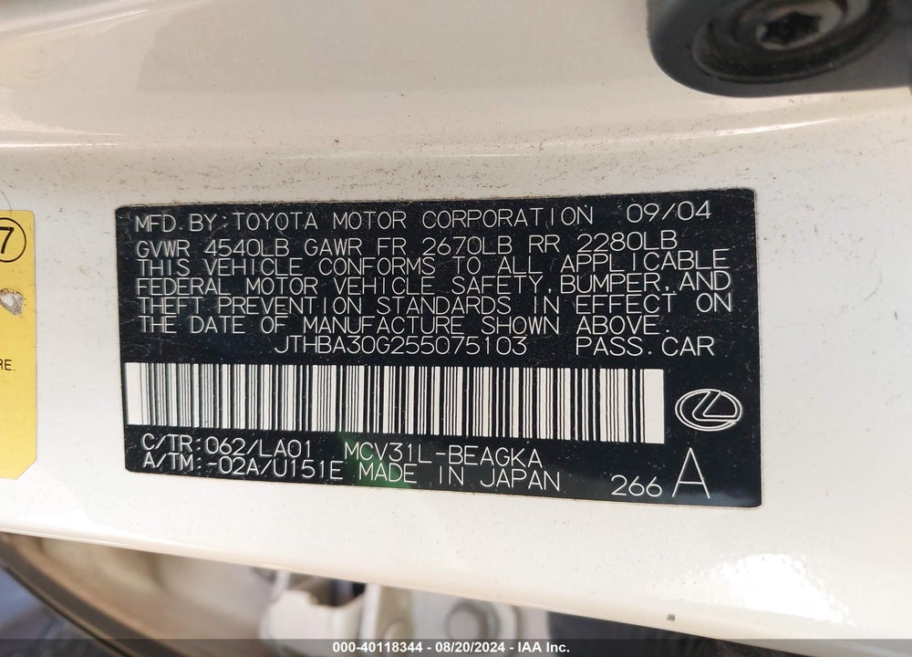 2005 LEXUS ES 330 VIN: JTHBA30G255075103