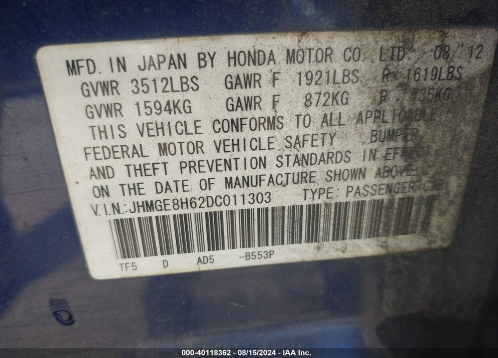2013 HONDA FIT SPORT VIN: JHMGE8H62DC011303