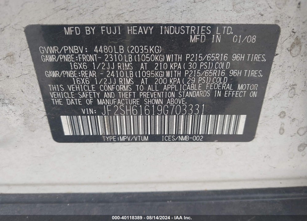 2009 SUBARU FORESTER 2.5X VIN: JF2SH61619G703331