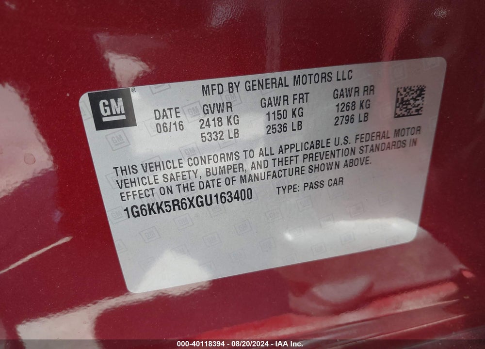 2016 CADILLAC CT6 PLATINUM VIN: 1G6KK5R6XGU163400