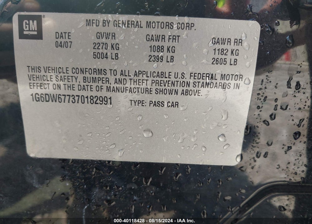 2007 CADILLAC STS V6 VIN: 1G6DW677370182991