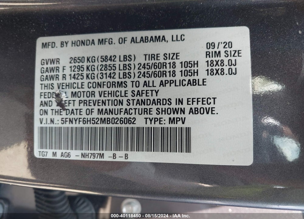 2021 HONDA PILOT AWD EX-L VIN: 5FNYF6H52MB026062